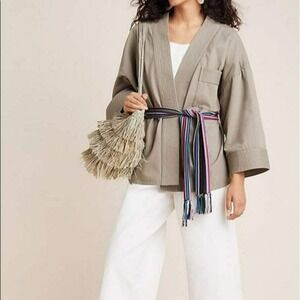 ARYESSA Women's Med Khaki Cotton Kimono Jacket Belted Open Front Artsy Boho